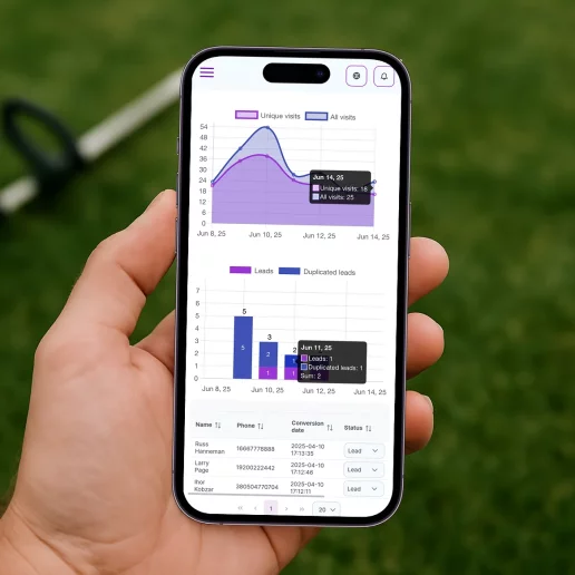 Image of an analytics dashboard and multilingual options in a digital marketing tool.